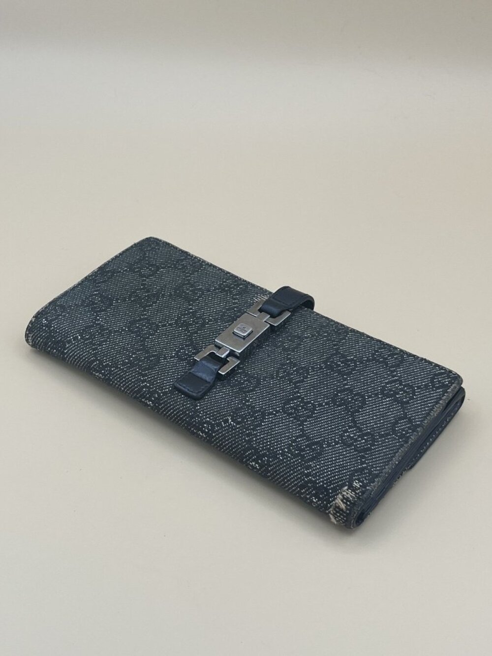 Gucci Black Monogram Canvas Wallet With Leather Trim & Silver-Tone Clasp
